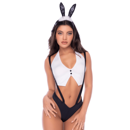 Déguisement lapine sexy 3 pièces avec oreilles, top court et culotte à bretelles - Mapalé