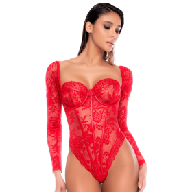 Body rouge à manches longues en dentelle avec armatures - Mapalé