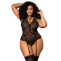 Body grande taille noir en dentelle florale avec harnais amovible - Mapalé