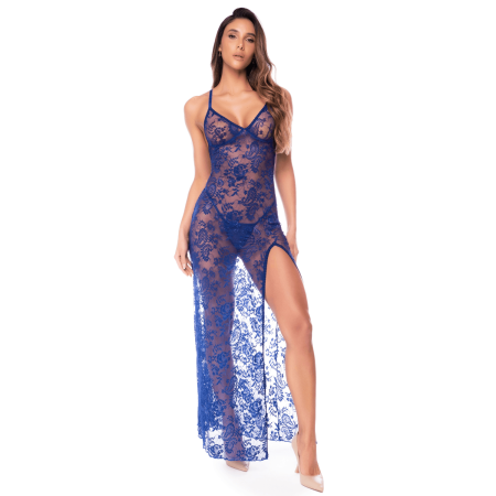 Robe longue transparente bleu royal en dentelle avec dos croisé et fente haute - Mapalé