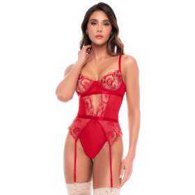 Body rouge rubis en dentelle brodée à armatures et jarretelles - Mapalé