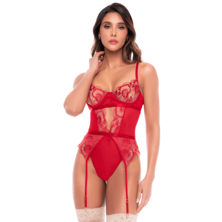 Body rouge rubis en dentelle brodée à armatures et jarretelles - Mapalé