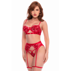 Ensemble 3 pièces rouge écarlate avec soutien-gorge brodé de sequins, porte-jarretelles et string - Mapalé