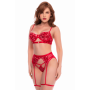 Ensemble 3 pièces rouge écarlate avec soutien-gorge brodé de sequins, porte-jarretelles et string - Mapalé