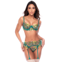 Ensemble 3 pièces vert aurore avec soutien-gorge brodé, porte-jarretelles et string - Mapalé
