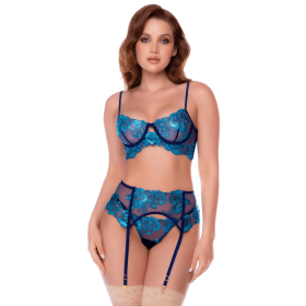 Ensemble 3 pièces bleu nuit brodé avec porte-jarretelles et string - Mapalé