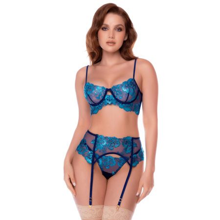 Ensemble 3 pièces bleu nuit brodé avec porte-jarretelles et string - Mapalé