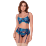 Ensemble 3 pièces bleu nuit brodé avec porte-jarretelles et string - Mapalé