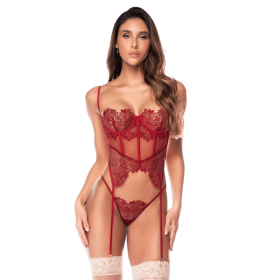 Ensemble 2 pièces avec bustier en dentelle brodée bois de rose, jarretelles et string - Mapalé