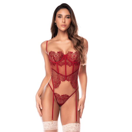 Ensemble 2 pièces avec bustier en dentelle brodée bois de rose, jarretelles et string - Mapalé