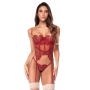 Ensemble 2 pièces avec bustier en dentelle brodée bois de rose, jarretelles et string - Mapalé