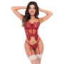 Ensemble 2 pièces avec bustier en dentelle brodée bois de rose, jarretelles et string - Mapalé