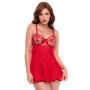 Nuisette transparente rouge rubis avec bonnets brodés à armatures et string - Mapalé